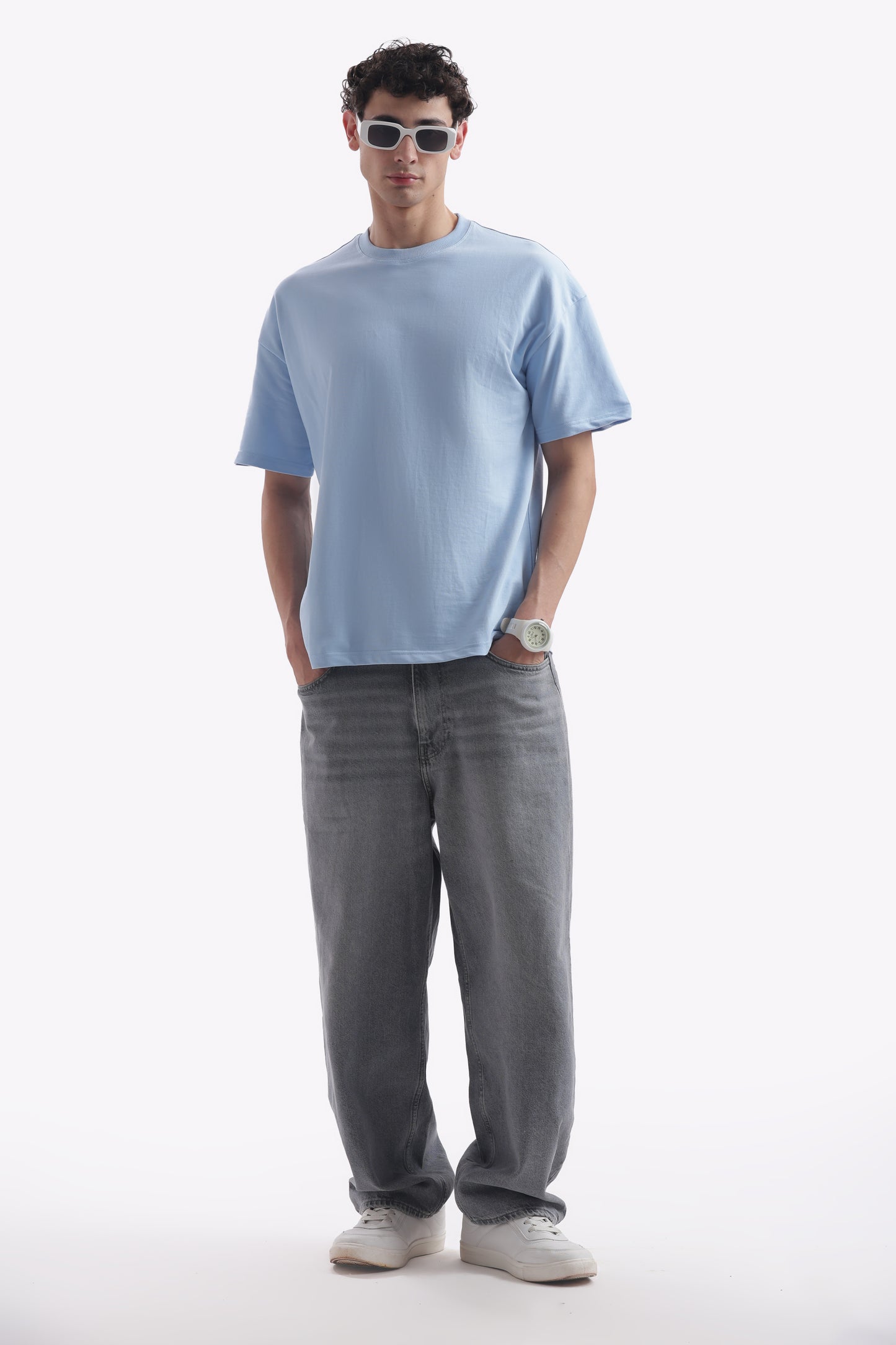 Oversized Boxy Fit Cropped T-Shirt (Baby Blue)