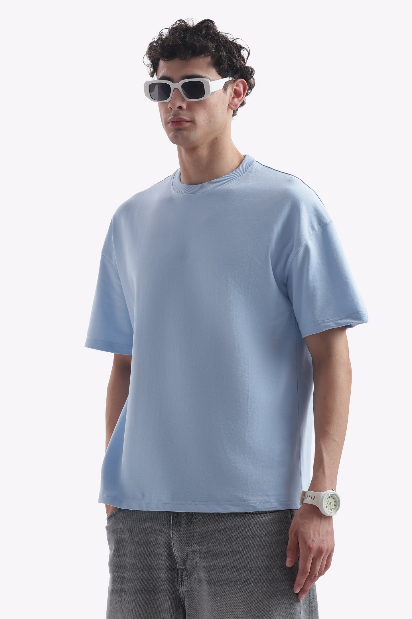 Oversized Boxy Fit Cropped T-Shirt (Baby Blue)