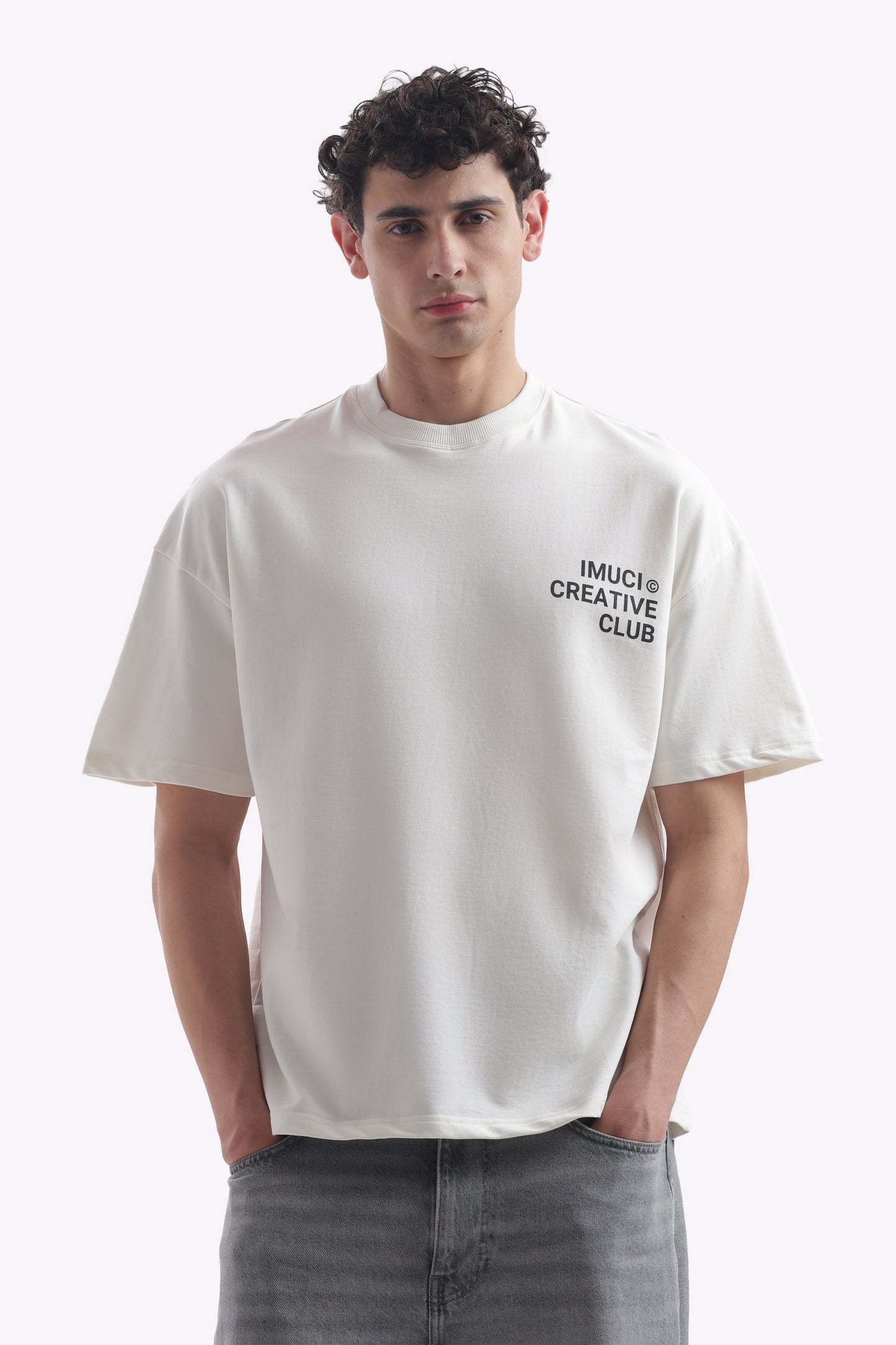 Oversized Boxy Fit Cropped IMUCI Creative Club T-shirt With minimal logo (Pearl White)