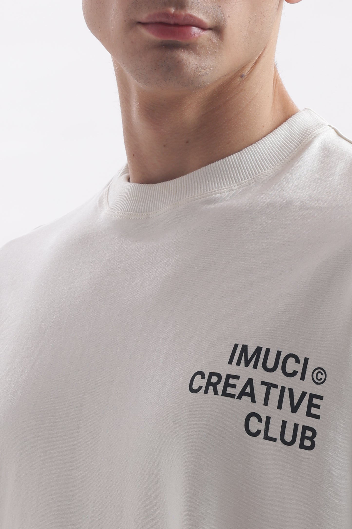 Oversized Boxy Fit Cropped IMUCI Creative Club T-shirt With minimal logo (Pearl White)