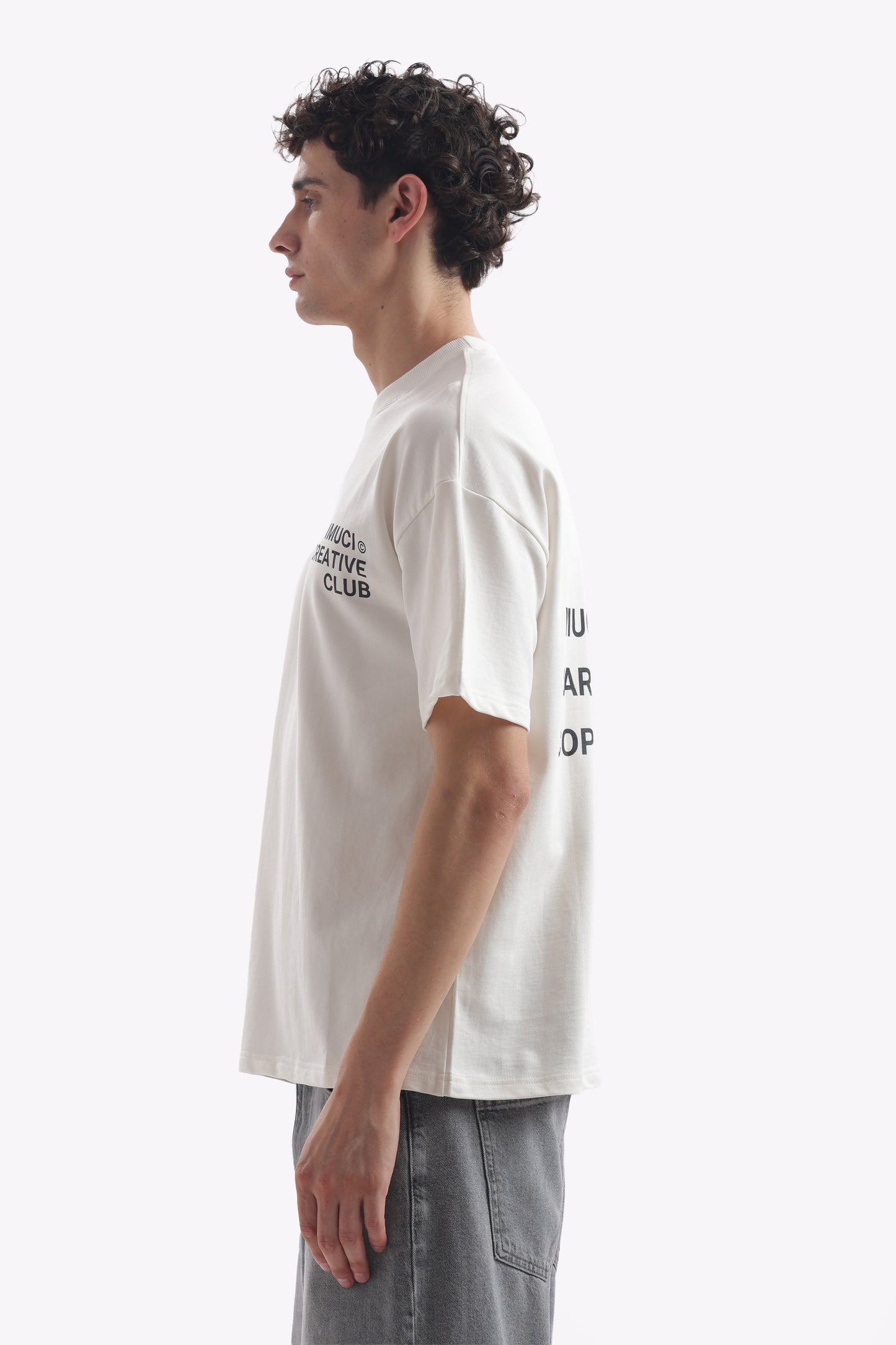 Oversized Boxy Fit Cropped IMUCI Creative Club T-shirt With minimal logo (Pearl White)