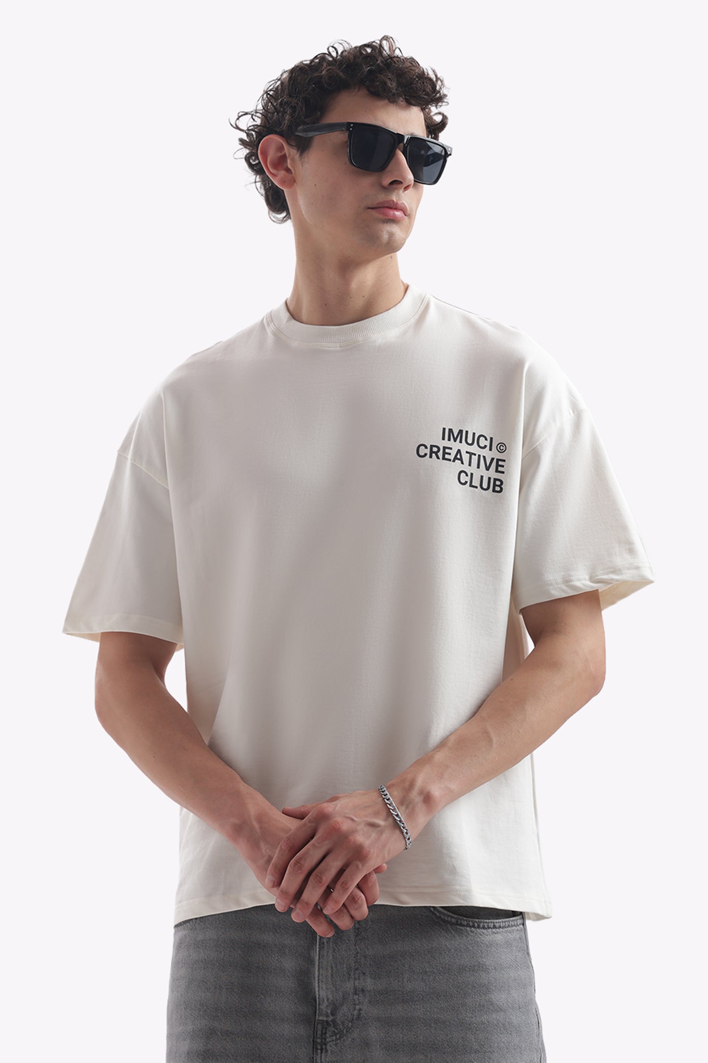 Oversized Boxy Fit Cropped IMUCI Creative Club T-shirt With minimal logo (Pearl White)
