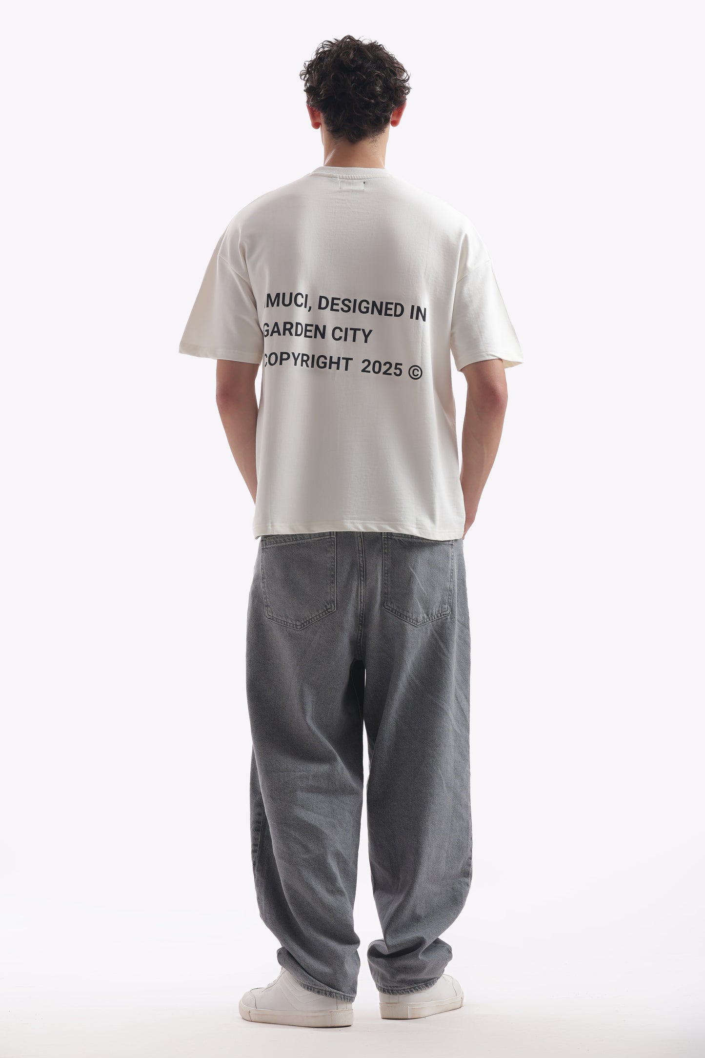Oversized Boxy Fit Cropped IMUCI Creative Club T-shirt With minimal logo (Pearl White)