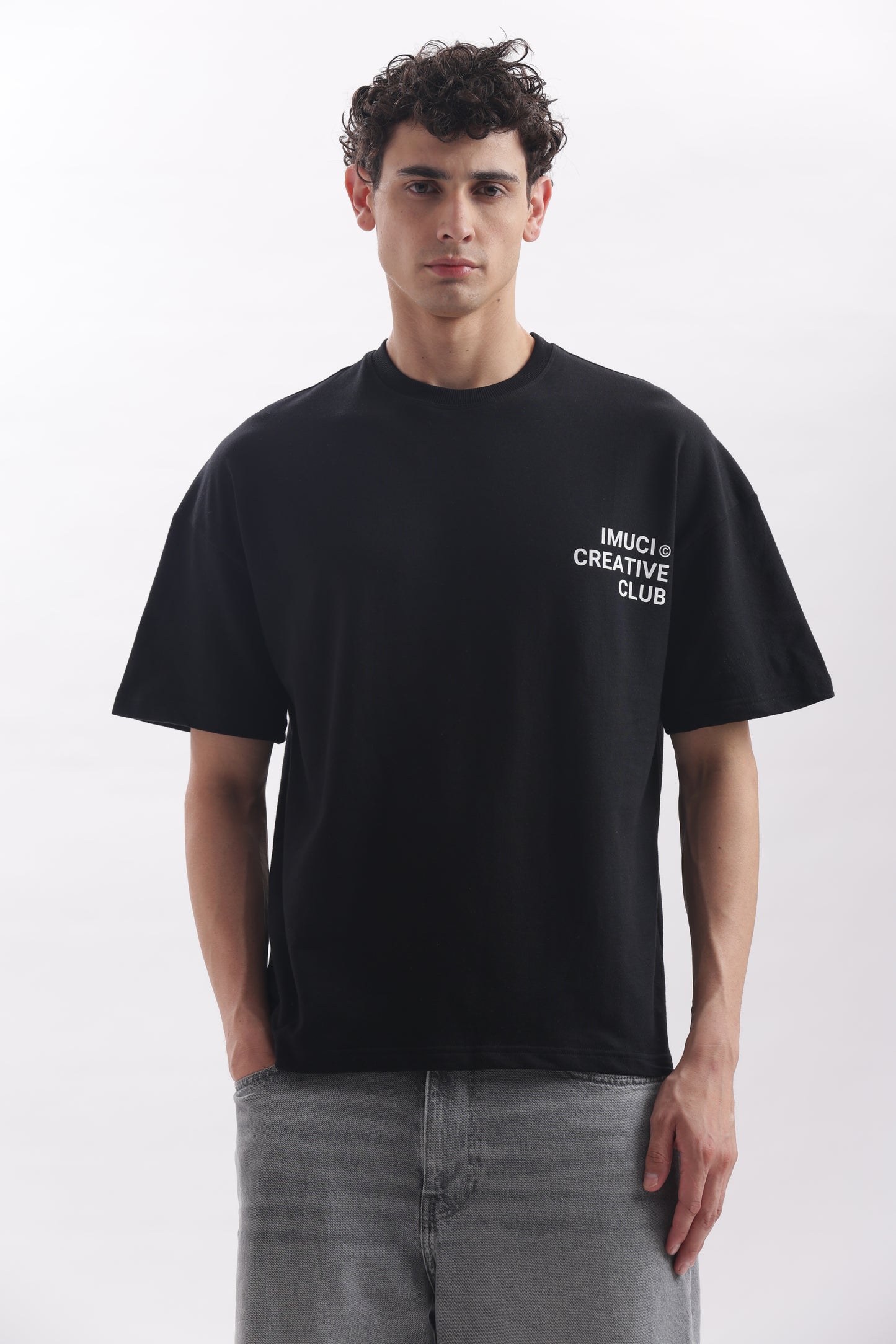 Oversized Boxy Fit Cropped IMUCI Creative Club T-shirt With minimal logo (Carbon Black)