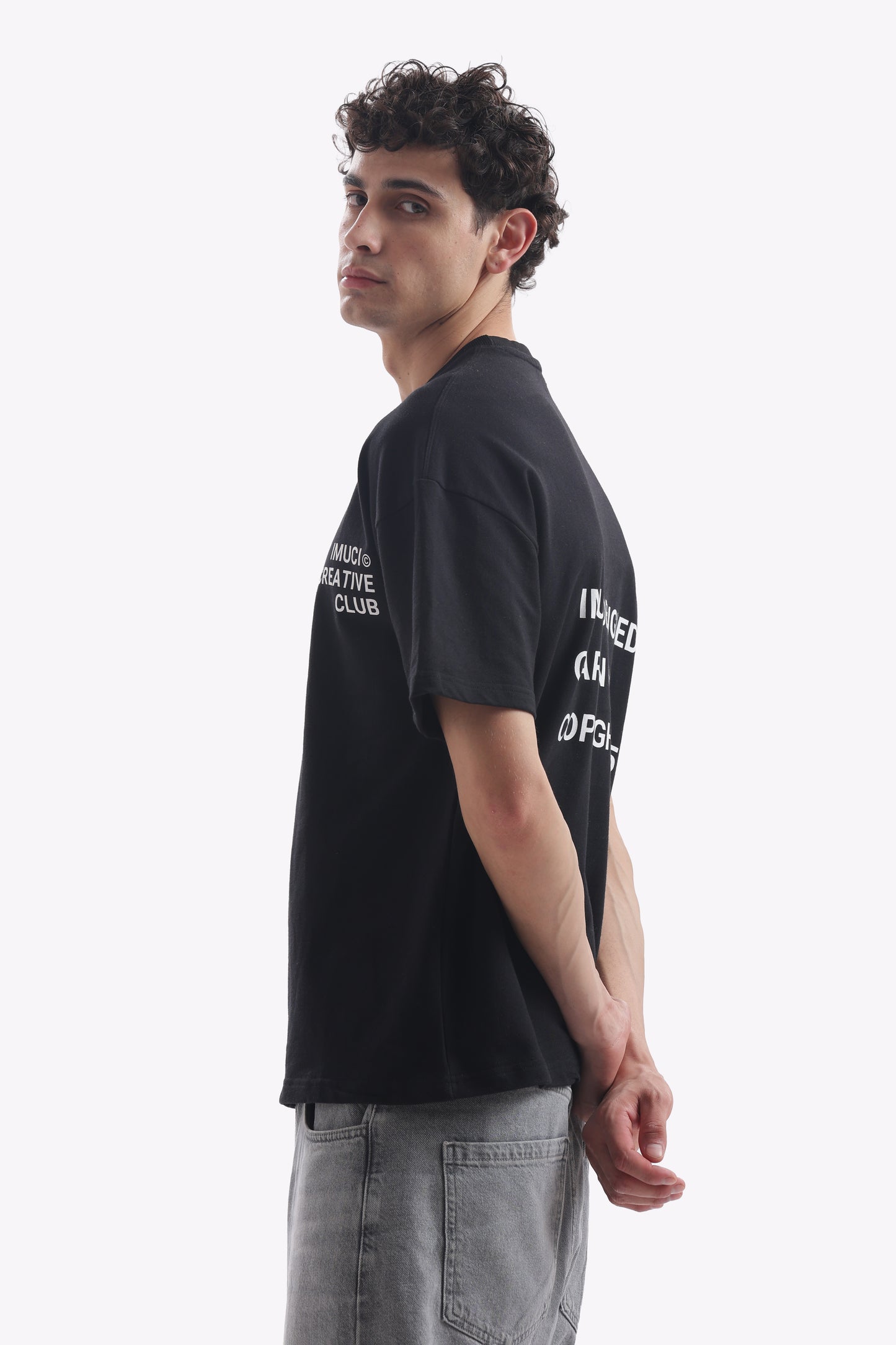 Oversized Boxy Fit Cropped IMUCI Creative Club T-shirt With minimal logo (Carbon Black)