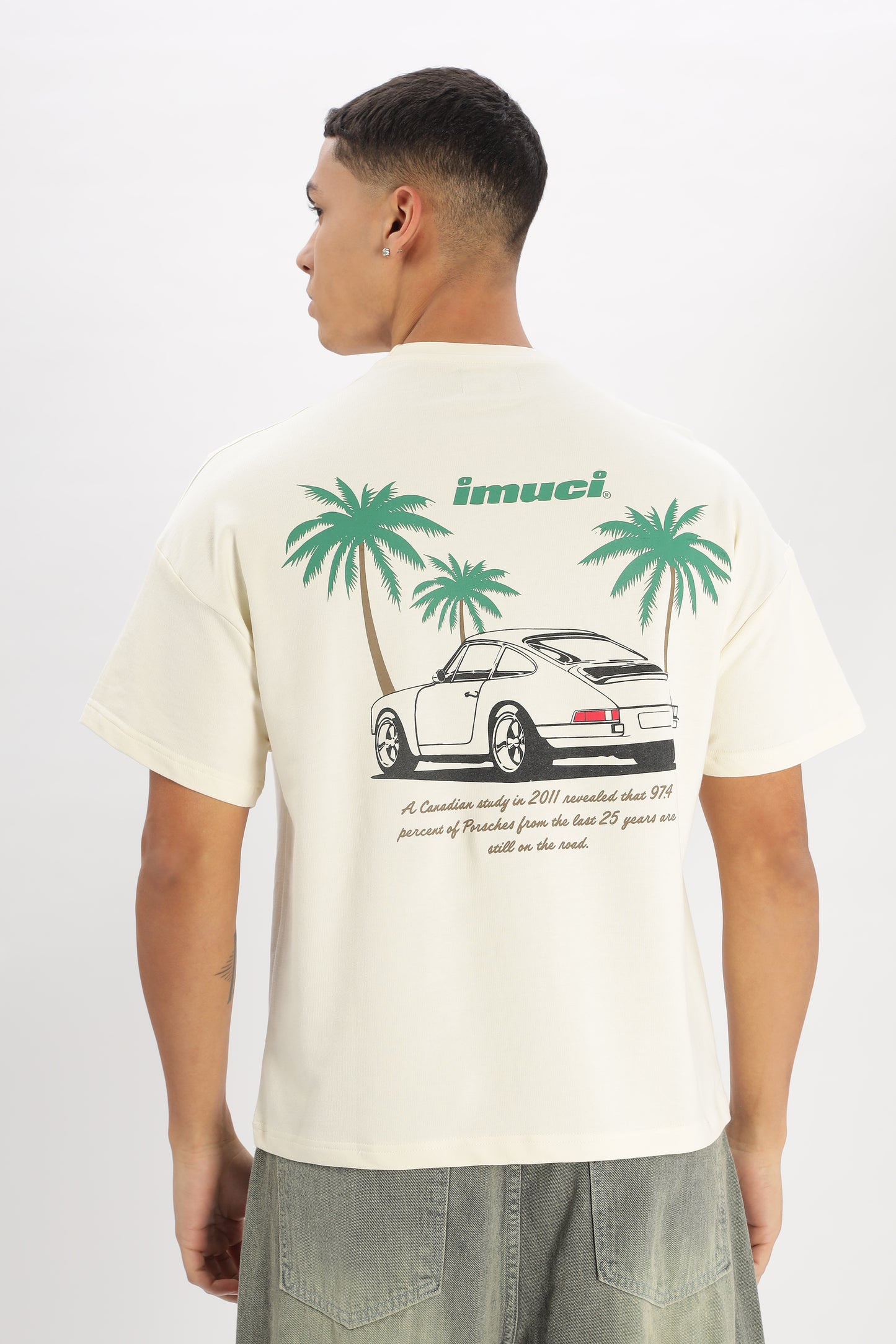 Oversized Boxy Fit Cropped Length PORSCHE ON VACATION Tees (OFF-WHITE)