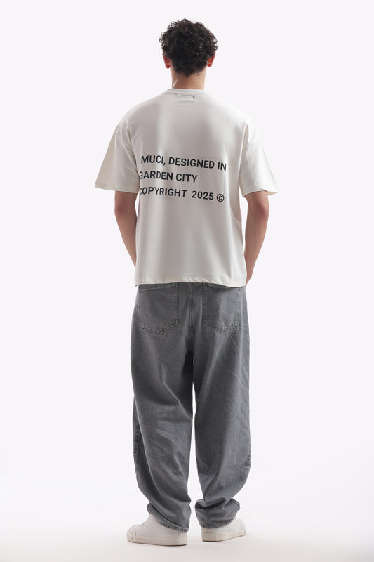 Oversized Boxy Fit Cropped IMUCI Creative Club T-shirt With minimal logo (Pearl White)